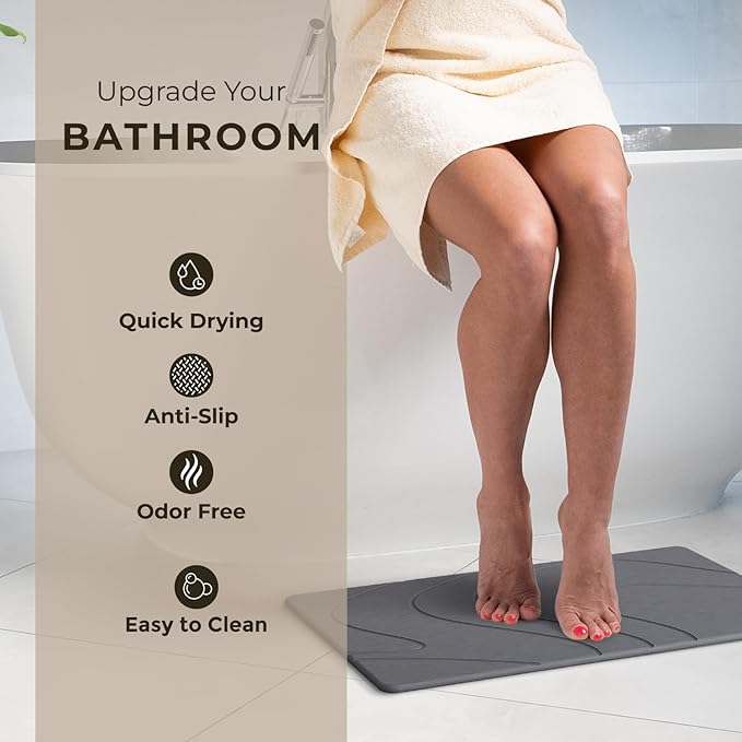 Stone Bath Mat Diatomaceous Earth Shower Mat Non-Slip Super Absorbent Diatomite Stone Bath Mats for Bathroom Floor Quick Drying Natural Easy to Clean (23.5 x 15) - Graphite