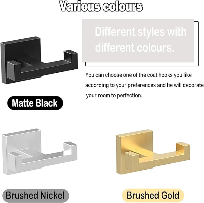 BOZWELL Double Towel Hooks for Bathroom Light Brushed Gold Wall Mount，2 Pack Modern Square Style Coat Robe Hook，Stainless Steel Heavy Duty Door Hanger for Bathroom Bedroom Kitchen Hotel Pool 1502-G-2