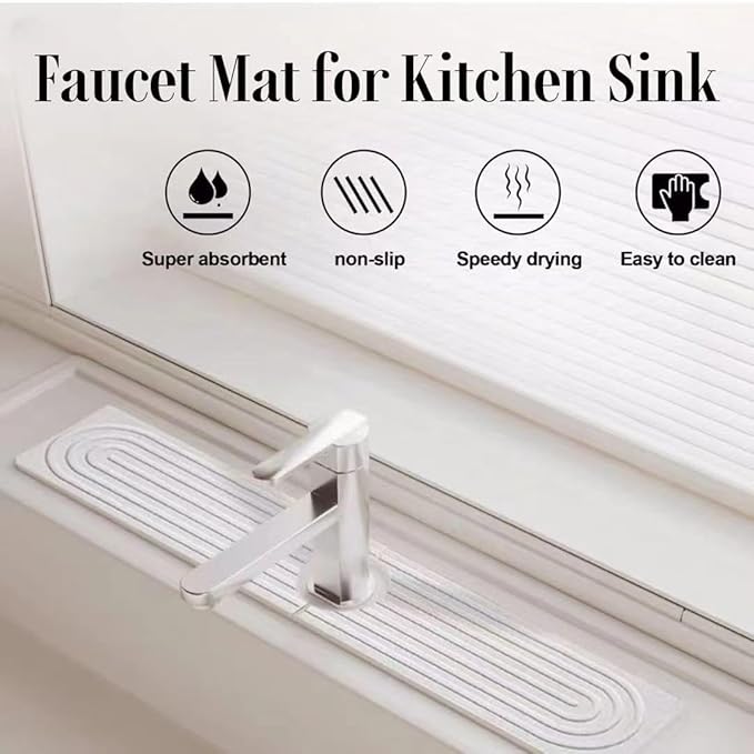 Stone Faucet Mat for Kitchen Sink, 23.6'' Long Quick Drying Absorbent Diatomite Sink Tray, Faucet Splash Guard for Kitchen,Bathroom Counter, Prevents Moisture, Super Absorbent, White