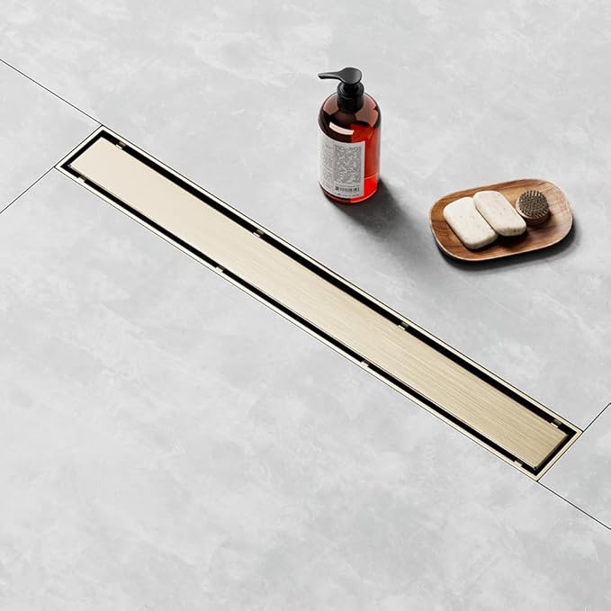 Linear Shower Drain 28 Inch Gold, Brushed AISI 304 Stainless Steel Shower Drain with 2-in-1 Tile Insert Panel, for Bathroom, Kitchen, Garage & More