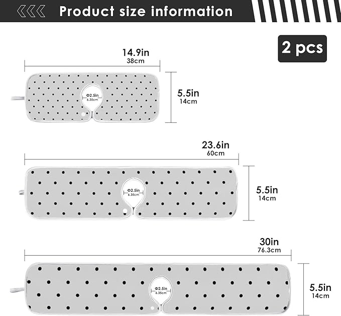 2 PCS Kitchen Sink Splash Guard 23.6 Inch Faucet Mat for Kitchen Sink Bathroom Sink Faucet Absorbing Drip Drain Mat Pad Microfiber Soft Washable Black and White Polka Dot