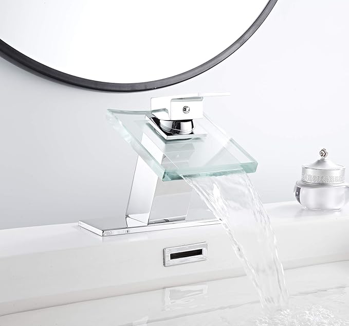 Chrome Bathroom Faucet Waterfall Glass Spout Single Handle Bathroom Sink Faucet One Hole Lavatory Basin Sink Mixer Tap Modern Deck Mount Plumbing Fixtures Unique Designer