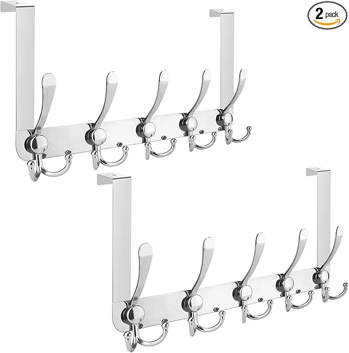 TICONN Over The Door Hooks, 5 Heavy Duty Tri Coat Rack All Metal Coat Hanger for Bathroom Bedroom Dorm (Chrome, 2PK, Fit 1-3/4" Doors)