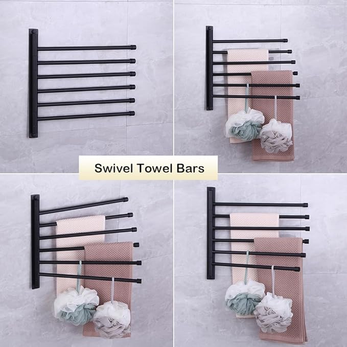 Swivel Hand Towel Bar Bathroom Swing Hanger Towel Rack Holder Matte Black Finish, Wall Mounted, 6-Arm