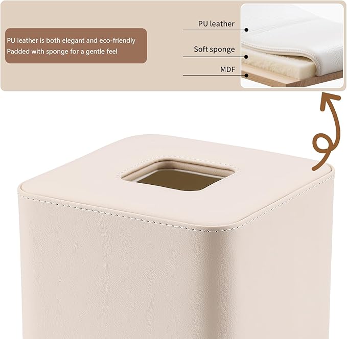GORESE Leather Tissue Box Cover Square Kleenexs Box Cover, Cute Tissue Box Holder for Cube Box Tissues, Tissue Cover for Bedroom, Living Room, Bathroom, Beige