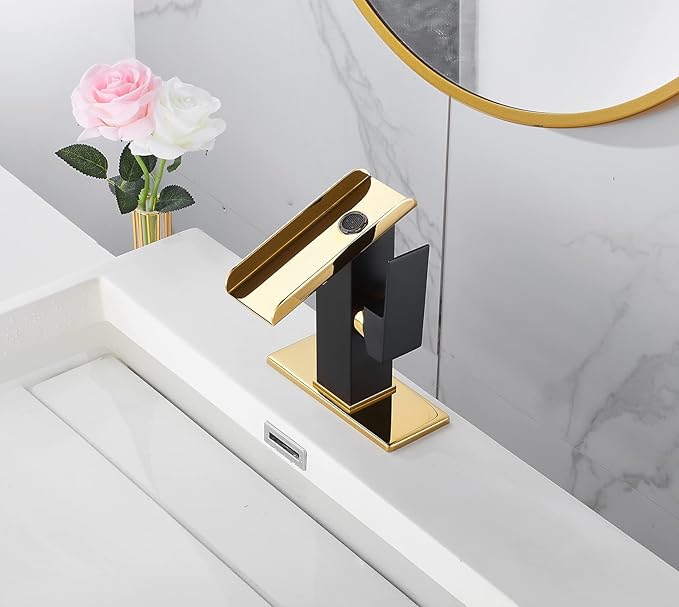 Bathroom Sink Faucet Black Gold 1 Hole Single Handle Waterfall Open Spout Bath Faucets Brass Sinks Lavatory Bath Vanity Faucets Basin Mixer Tap Supply Line Golden Hole Cover Plate