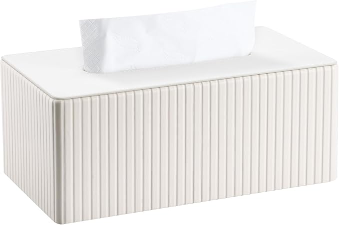 KINGFOM PU Leather Tissue Box Cover Rectangular Tissue Box Holder with Magnetic Bottom, Napkin & Facial Tissue Holder Dispenser for Home, Office (Decorative Pattern-PU Leather, Off-White Stripe)