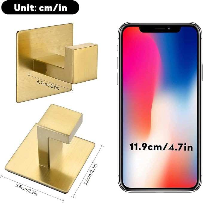 WOLIBEER Self Adhesive Towel Hook, Brushed Gold Bath Robe Hook 4 Packs No Drilling Stainless Steel Coat Hanger Sticky Wall Hook for Bathroom