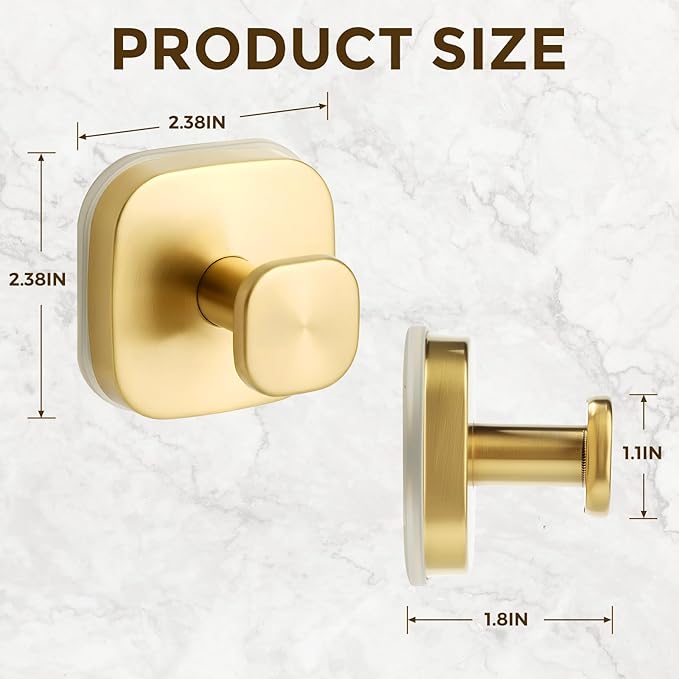 Suction Cup Hooks for Shower, No-Drill Towel Hooks for Bathrooms, Kitchen, Glass Door, Mirror, Tile, Shower Suction Hooks for Hanging Towels, Robe, Loofah, Christmas Wreath (Gold, 2 Pack)