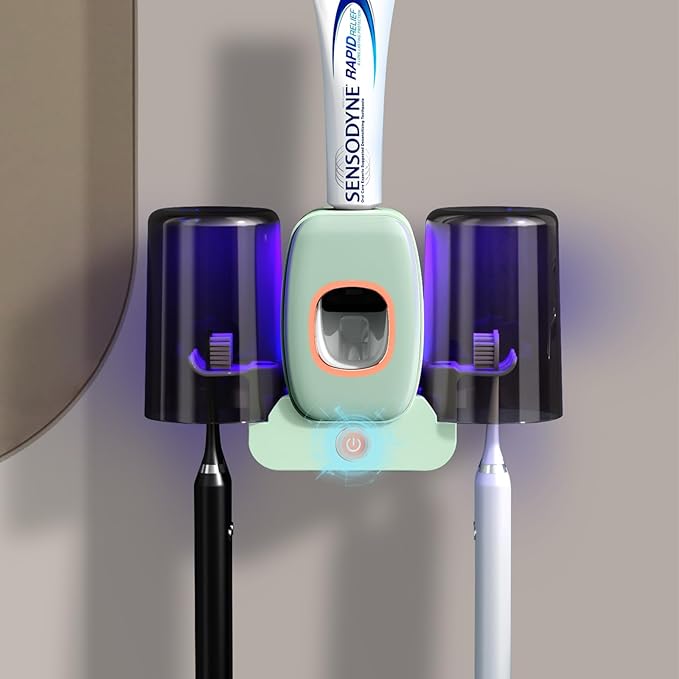 Toothbrush Holders for Bathrooms,Rechargeable Cordless Wall Mounted Tooth Brushing Holder,Electric Toothbrush Holder with 2 Cups,4 Toothbrush Slots,Toothpaste Dispenser (Green)