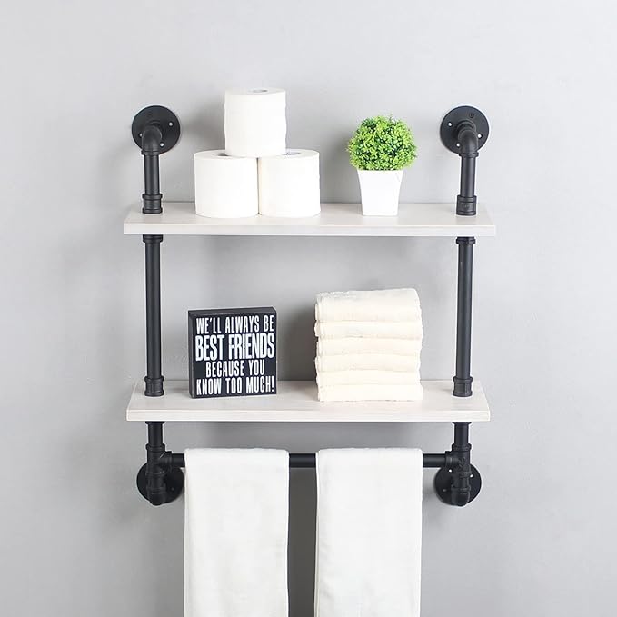 MBQQ Iron Pipe Shelves Industrial Bathroom Shelves with Towel bar,24in Rustic Metal Pipe Floating Shelves Pipe Wall Shelf,2 Tier Industrial Shelf Wall Mounted,Black & White