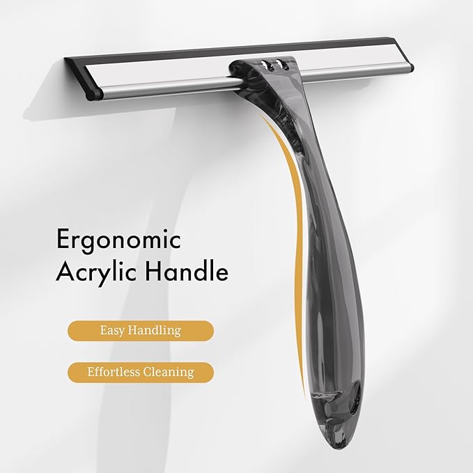AmazerBath Shower Squeegee for Glass Doors, All-Purpose Squeegee with Suction Hook & Adhesive Hook, Squeegee for Shower Glass, Windows, Mirrors, Tiles and Car Windows - 10 Inches, Clear Black