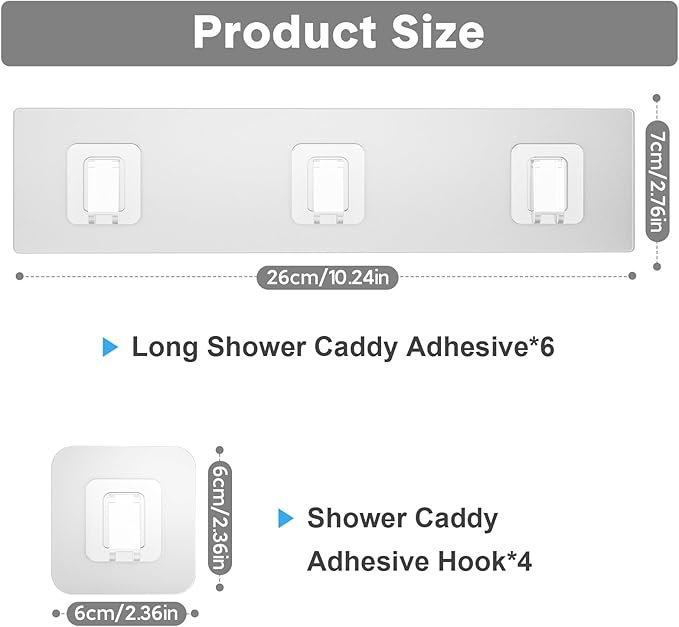 10 Shower Caddy Adhesive Replacement Flat, Transparent Strong Adhesive Hooks, No Drilling, Waterproof, for Shower Caddy, Bathroom Storage Shelves and Kitchen Racks (Triple*6pcs + Single*4pcs)