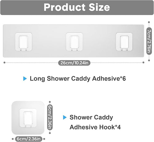 10 Shower Caddy Adhesive Replacement Flat, Transparent Strong Adhesive Hooks, No Drilling, Waterproof, for Shower Caddy, Bathroom Storage Shelves and Kitchen Racks (Triple*6pcs + Single*4pcs)