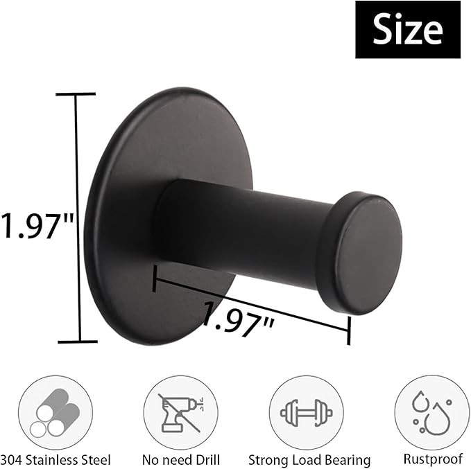 Bath Towel Hooks, 4 Pack Self Adhesive Coat Hooks, Sturdy No Drilling Robe Hook, SUS 304 Stainless Steel Heavy Duty Clothes Hanger, Wall Hooks for Bathroom Bedroom Kitchen (2 in, Black)