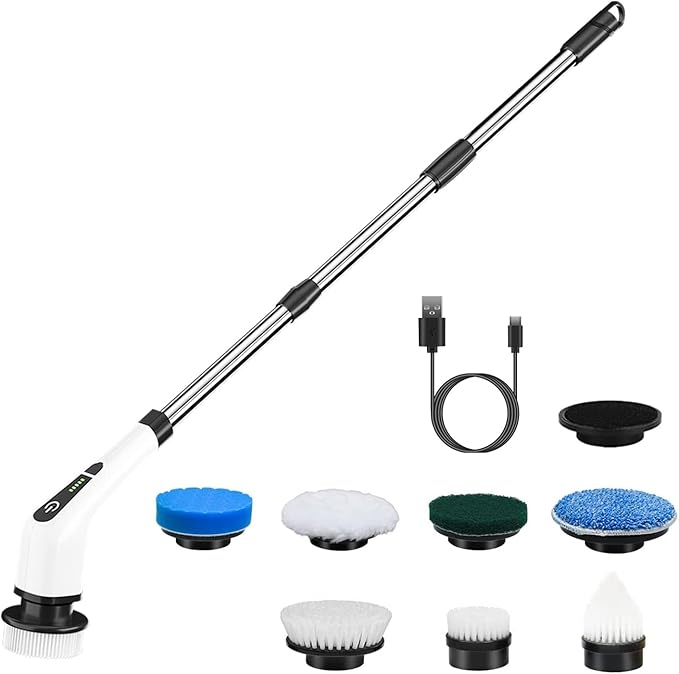 Electric Spin Scrubber, Cordless Telescopic Rechargeable Cleaning Brush, 8 Replaceable Heads, 2 Speed Adjustable for Bathroom & Floor