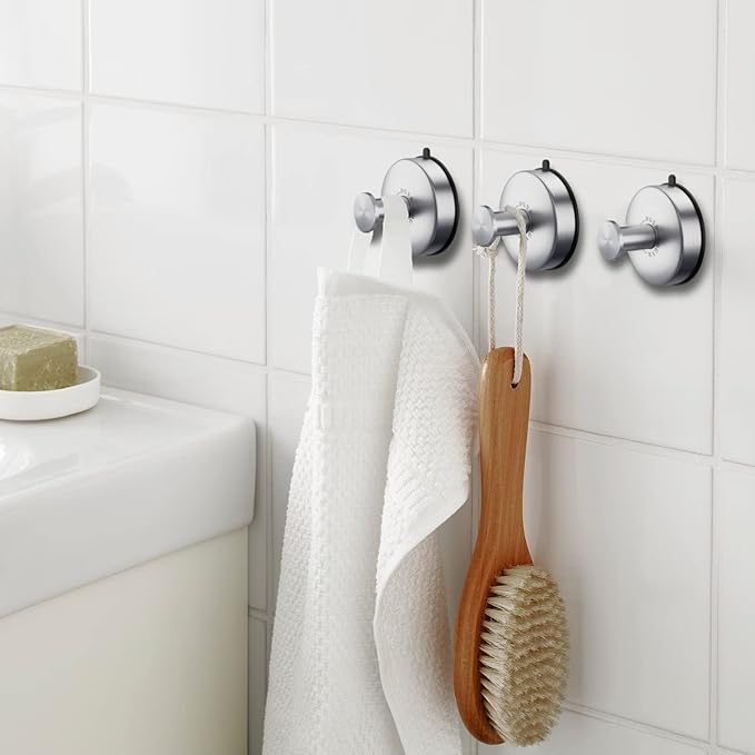 DGYB Suction Cup Hooks Set of 4 Brushed Nickel Towel Hooks for Bathrooms Waterproof Stainless Shower Hooks for Inside Shower 15 Lb Bathroom Hooks for Towels