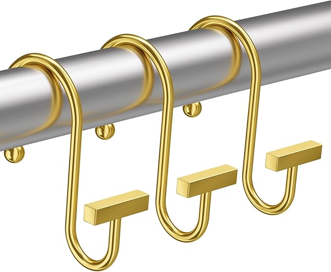 Muted Gold Shower Curtain Hooks, Bathway Shower Curtain Rings Rust Proof, 12PCS Shower Hooks for Shower Curtain, T-Bar Design Convenient Elegant Shower Curtain Hangers for Bathroom Kitchen Wardrobe