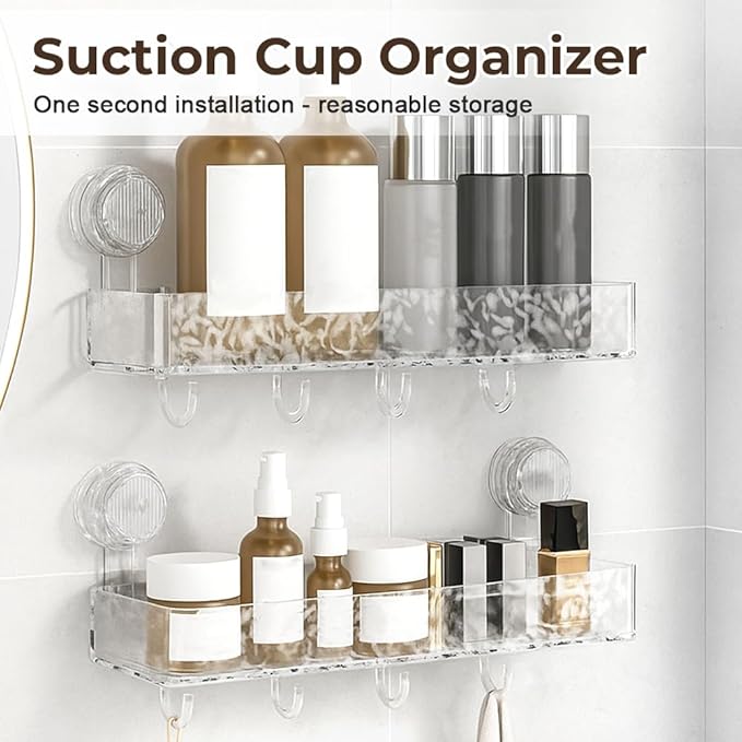 Corrugated Suction Cup Storage Holder, 2026 New Movable Shower Shelf Suction Cup,Shower Caddy Large Capacity Bathroom Organizer,No-Drill Wall-Mounted Storage Shelf (Clear + Gray)