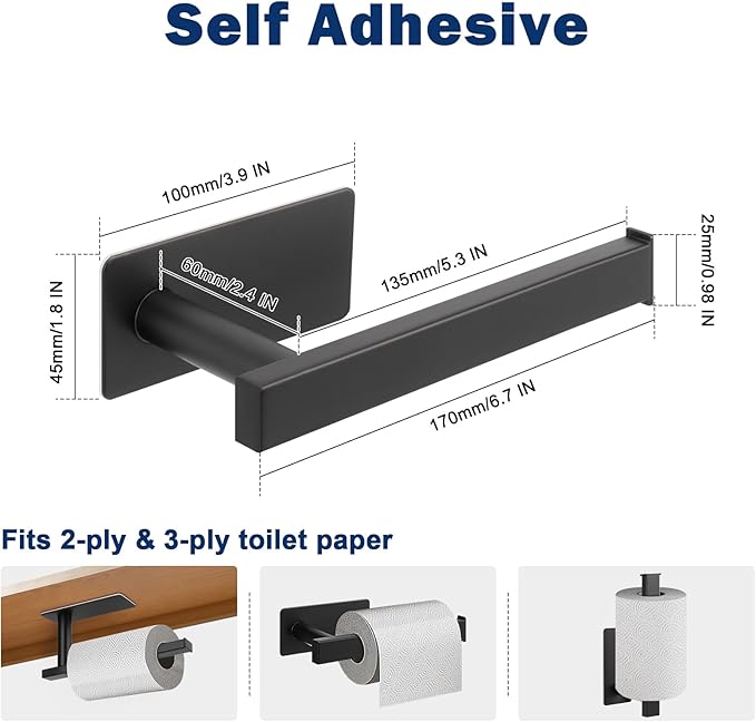 NearMoon Toilet Paper Holder Self Adhesive, Premium Thick SUS304 Stainless Steel Square Rustproof Toilet Roll Holder no Drilling for Bathroom, Kitchen, Washroom (Matte Black)