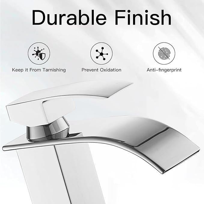 Hoimpro Chrome Waterfall Bathroom Faucet with cUPC Supply Lines, Single Handle Bathroom Sink Faucet with Pop-up Drain, Rv Vanity Vessel Faucet with Deck Plate, Chrome, 1 or 3 Hole
