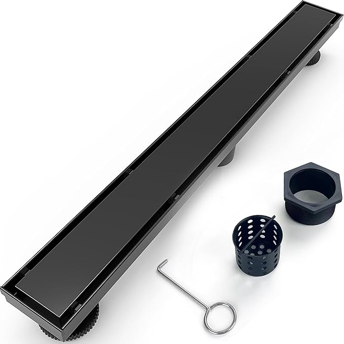 28 Inch Linear Shower Drain Matte Black Floor Drain for Bathroom Kitchen Rectangular 2 in 1 Floor Drain Tile Insert Cover 304 Stainless Steel Easy Install with Hair Strainer, Adjustable Leveling Feet