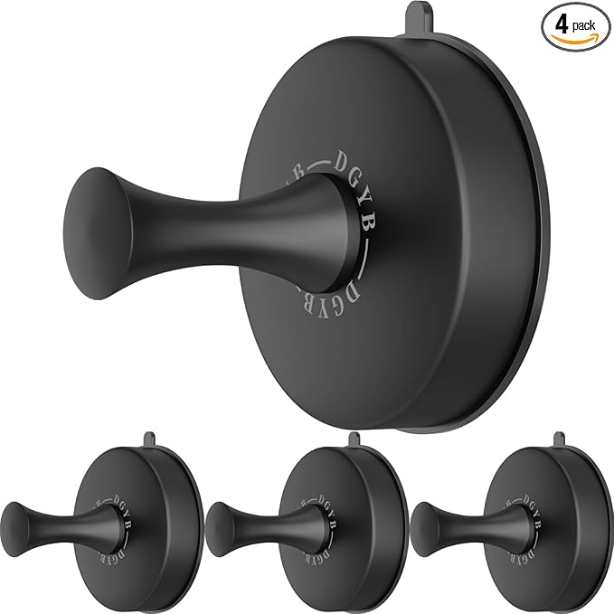 DGYB Suction Cup Hooks for Shower Set of 4 Removable Stainless Steel Towel Hook for Bathroom Glass Window Door Wall and Suction Wreath Hook for Hanging Robe, Loofah, Coat - Black