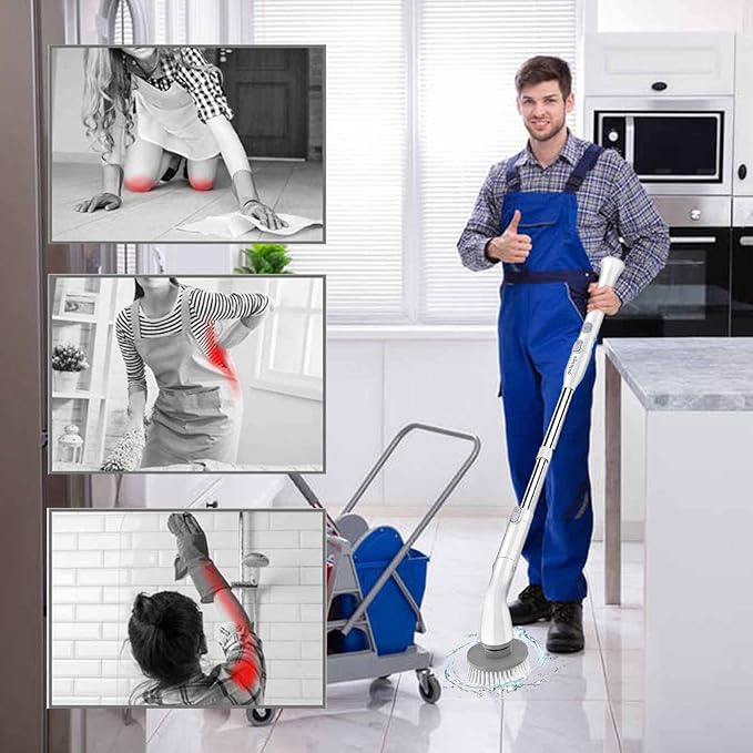 Electric Spin Scrubber, ROEOLNIL Cordless Cleaning Brush with Adjustable Extension Arm 4 Replaceable Cleaning Heads, Power Shower Scrubber for Bathroom, Tub, Tile, Floor