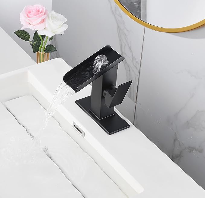 Black Bathroom Faucet Waterfall 1 Hole Bath Lavatory Vanity Sink Faucet Single Handle Modern Basin Tap Brass Deck Mount Commercial