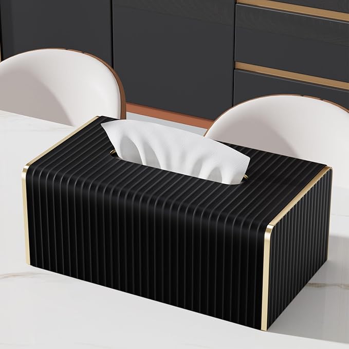 Tissue Box Cover,Black Rectangle PU Leather Tissue Holder with Gold-Tone Edging Accents,Tissue Box Cover for Bathroom Toilet Bedroom Living Room Table Desk Office,Countertop