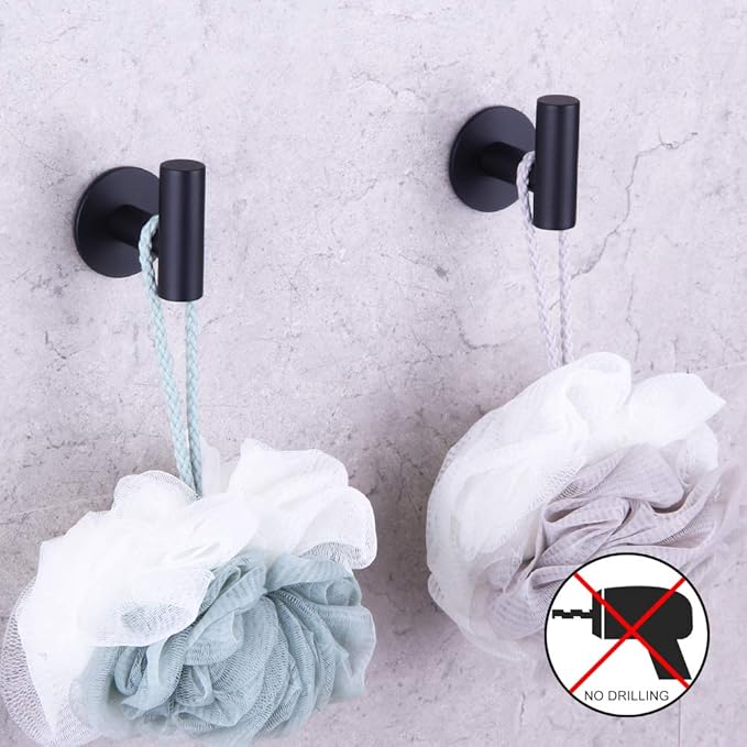 GERZWY Wall Hooks Adhesive for Hanging Towels Matte Black - Set of 2 - Premium Adhesive Hooks - Towel Hooks for Bathrooms - Sticky Hanging Wall Hangers Without Nails DZY026-BK