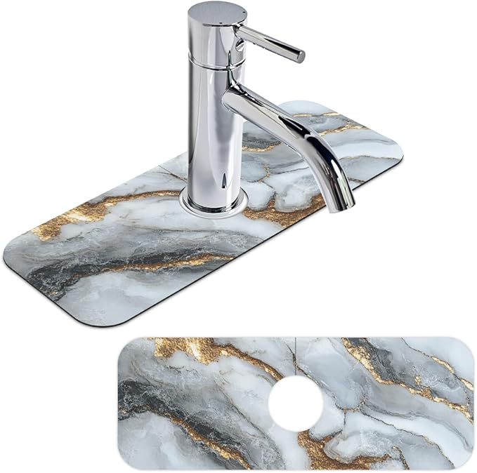 Kitchen Sink Splash Guard Faucet Mat White Marble 2PCS Super Absorbent Fast Drying Faucet Guard & Draining Mat Sink Splash Guard Behind Faucet Drip Catcher for Kitchen Bathroom RV (15.4" X 5.7" )