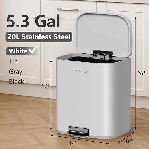 mVm Kitchen Trash Can, 5.3 Gal Small Trash Can with Lid, Smooth Edge Step Garbage Bin for Home Kitchen Office, Farmhouse Decor (Cement)