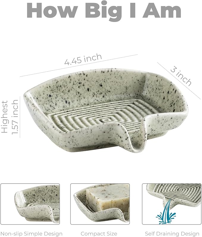 Self Draining Soap Dish, Ceramic Drain Soap Holder Waterfall Design Soap Saver for Shower, Bathroom, Sink, Kitchen and Countertop, Keeps Dry, Speckled Glaze