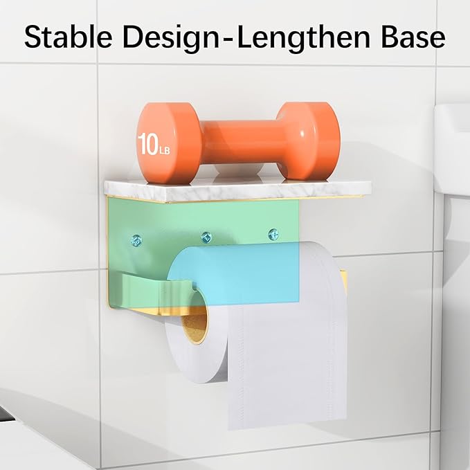 Toilet Paper Holder with Shelf, Extended Base Wall Mounted, Marble Toilet Roll Holder Black for Bathroom Washroom Gold