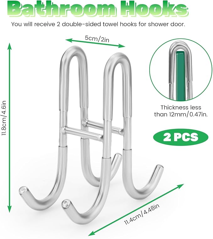 2 Pack Double-Sided Towel Hooks for Shower Door, 304 Stainless Steel, Over Bathroom Frameless Glass Door Rack Hooks for Loofah Robe Shaver, Silver