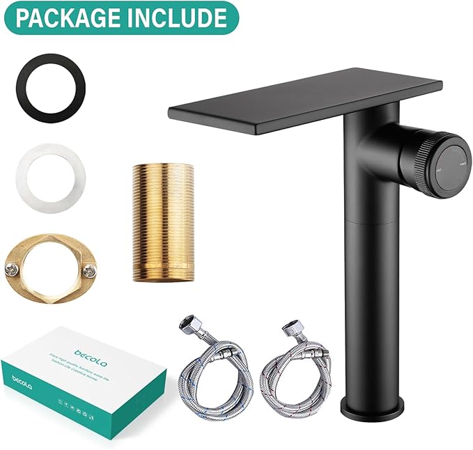 becola Modern Matte Black Bathroom Faucet，Tall Waterfall Faucet for Bathroom Sink，Single Hole Cold and Hot Basin Mixer Tap，Single Handle Vanity Faucet with Adjust Knobs and Two Supply Lines