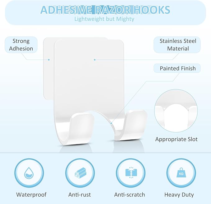 VIS'V Shower Wall Razor Holder, Metal Adhesive Razor Hooks for His and Hers, Waterproof, White, 2 Pcs