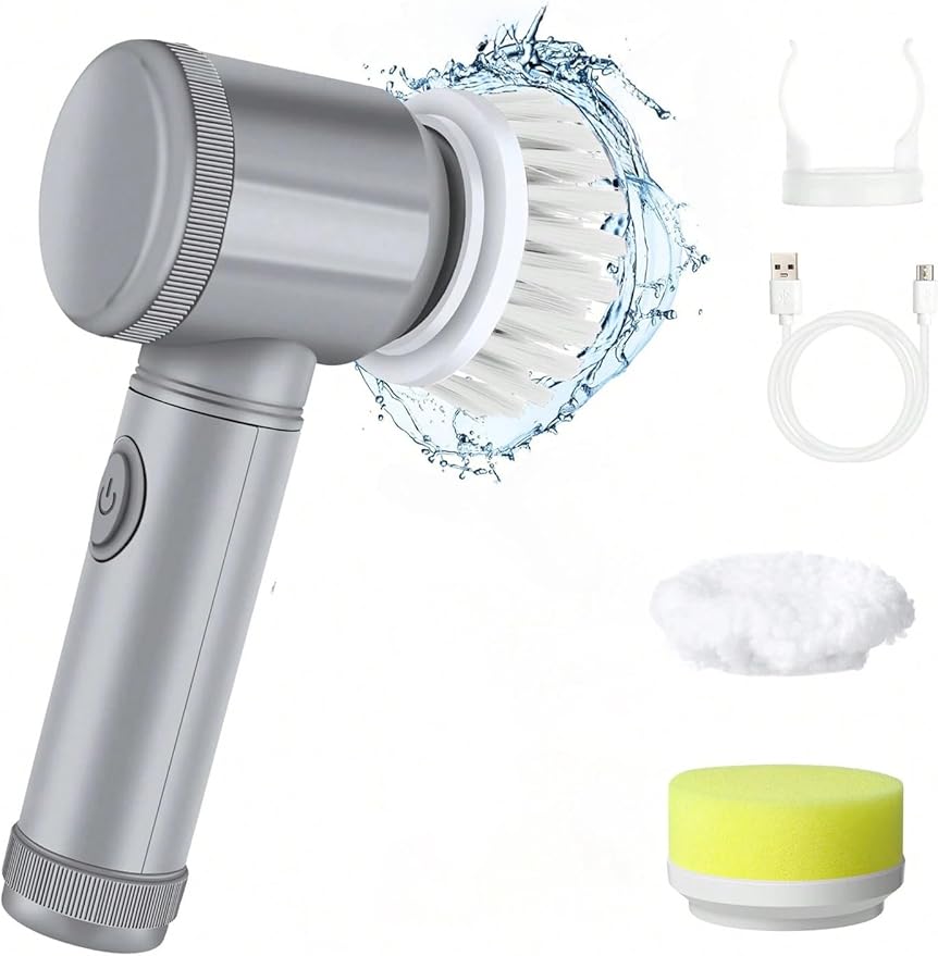Electric Cleaning Brush Set with Replacement Heads, Handheld Power Scrubber for Kitchen, Bathroom, Shoes, Gray (Greay, 5 Replacement Brush Heads)