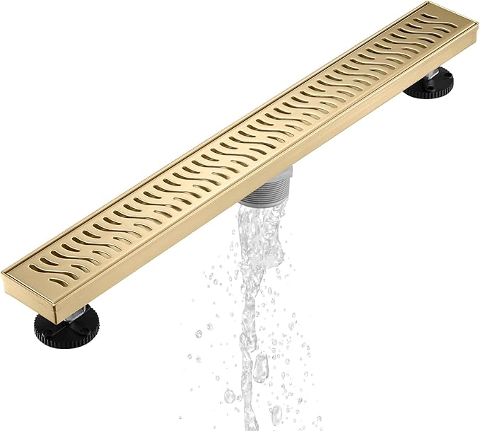 Sharp-tec Linear Shower Drain, 28inch Shower Drain with Removable Pattern Cover, Brushed Gold 304 Stainless Steel Rectangle Floor Drain, Adjustable Feet and Hair Strainer Included