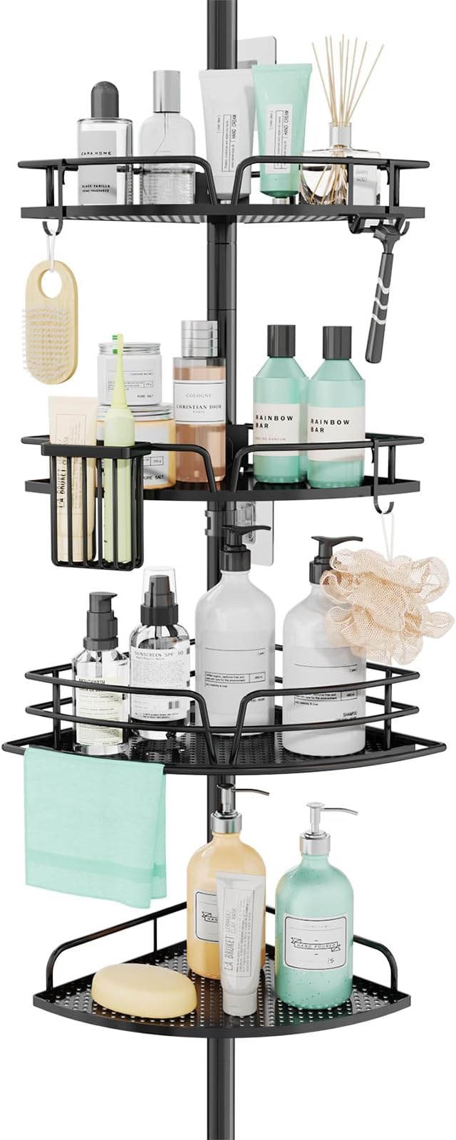 SWTYMIKI Shower Caddy Tension Pole - 4-Tier Corner Shower Organizer Tension Rod, Toothbrush Holder & 4 Hooks, Adjustable Stainless Steel Bathroom Organizer 27.6 to 108.3 inch, Black with Towel Bar