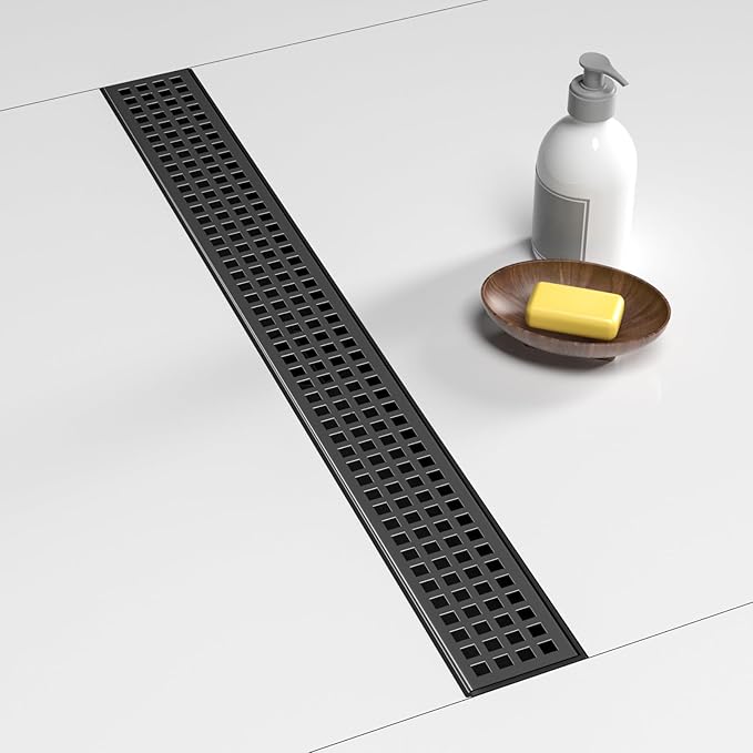 48 Inch Linear Drain Shower Rectangular Floor Drain with Removable Square Hole Cover and Hair Catcher, Long Shower Drains 304 Stainless Steel CUPC Certified (Matte Black)