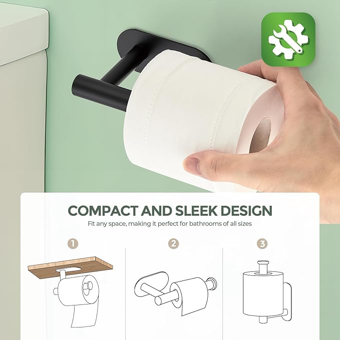 2 Pack Adhesive Toilet Roll Holder Stand - Matte Black SUS304 Stainless Steel, Rustproof Toilet Paper Holder No Drilling Tissue Holder for Kitchen Bathroom Wall Mount Bathroom Tissue Holder
