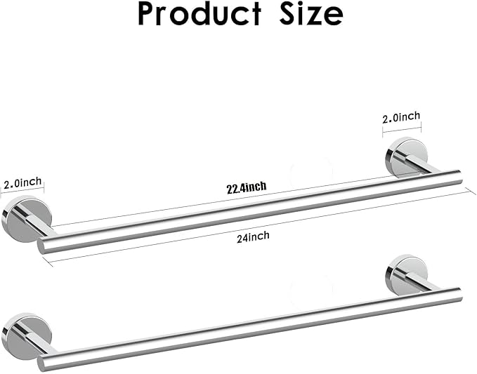 Newfun 24 Inch Polished Chrome Bathroom Towel Bar, 2 Pieces Towel Racks for Bathroom SUS304 Thicken Stainless Steel Towel Holder