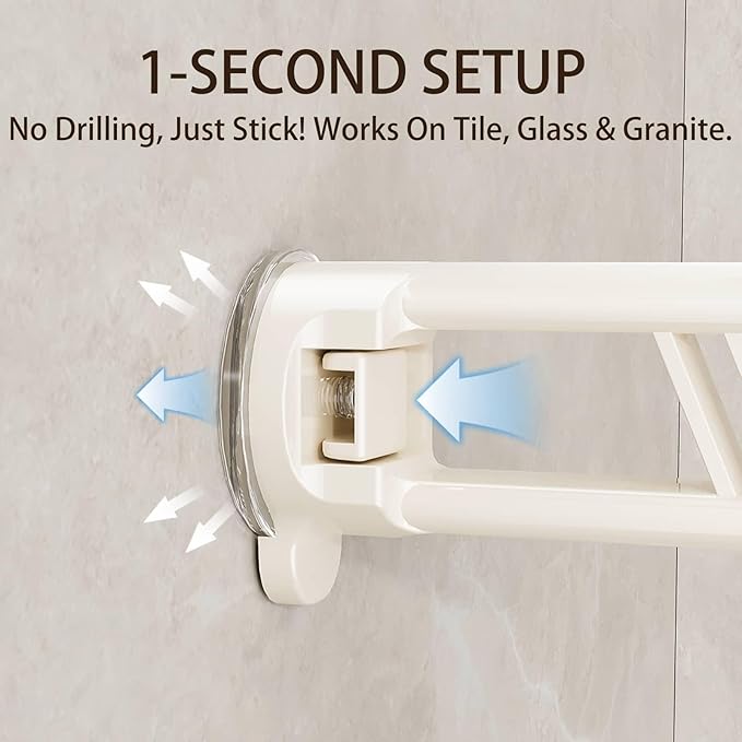 16" Shower Caddy Suction Cup, Concealed Shower Shelves Suction Cup with Hooks & Towel Bar, NO-Drilling Suction Shelf for Bathroom & Kitchen - White