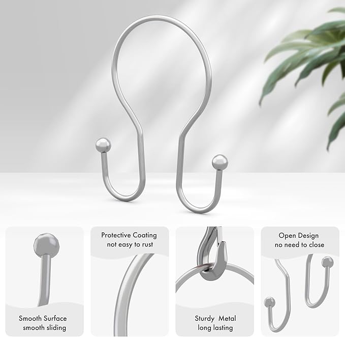 AmazerBath Chrome Shower Curtain Hooks Shower Curtain Rings, Simple Double Sided Shower Curtain Hooks Rust Proof, Smooth Glide Metal Shower Hooks for Shower Curtain Rod, 12 Pcs Shower Rod Hooks