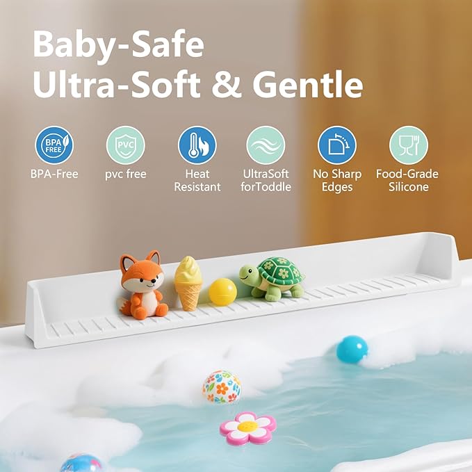 2.6-Ft Bathtub Splash Guard for Tub Kids, Silicone Splash Shield with 11 Suction Cups, Toy Tray Shelf, No Spill Water Barrier, Prevents Mess, Fun Bathtime for Toddlers Baby–White