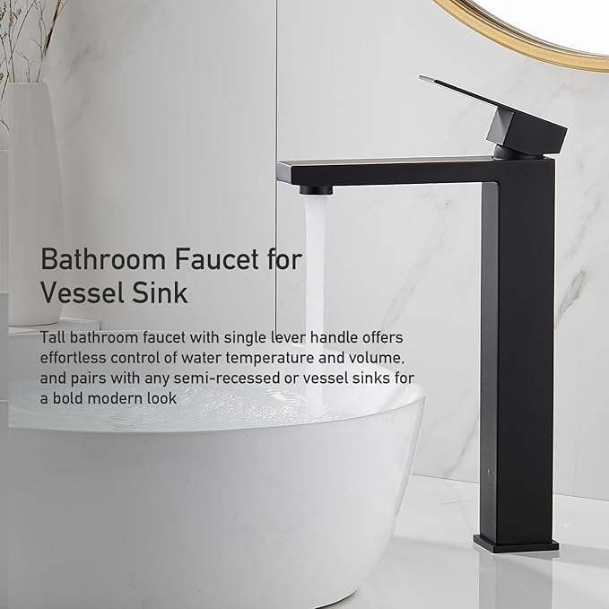 Matte Black Vessel Sink Faucet, 1 Hole Single Handle Tall Bathroom Vanity Faucets, Modern Utility Rv Laundry Bath Restroom Mixer Tap with Metal Pop Up Drain and 2 Water Supply Lines