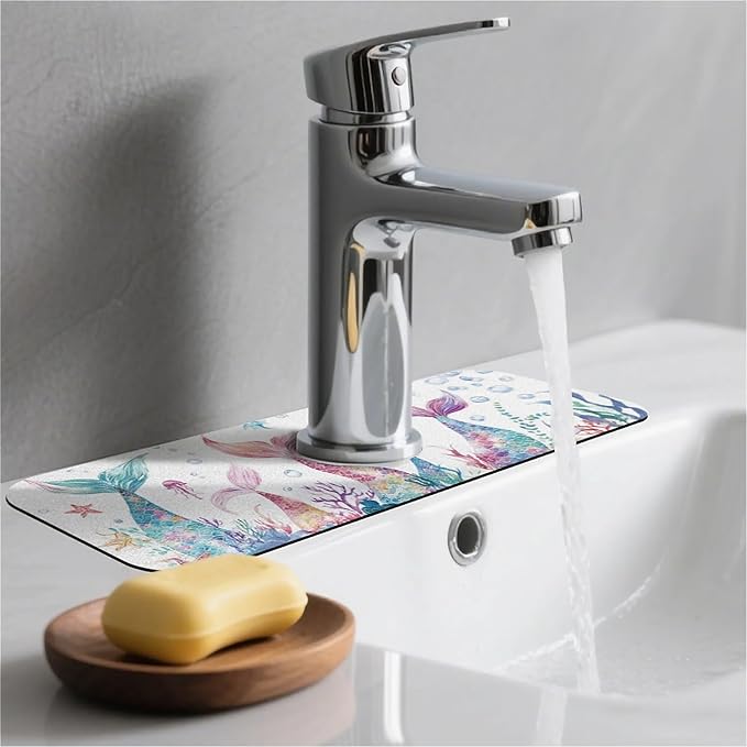 Kitchen Sink Splash Guard，Mermaid tails Faucet Mat Sink Gadgets-Super Absorbent Fast Drying Mat Drip Catcher for Kitchen, Bathroom,Sink Mat, Dish Drying Mat, Bathroom(15" X 5.5" )