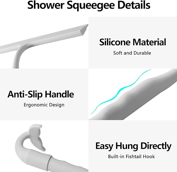 Shower Squeegee for Glass Doors, 2-in-1 Silicone Shower Squeegee with Hook,Hang Anywhere | Streak-Free Bathroom Squeegee | Household Window Mirror Squeegee for Bathroom, Glass, Tile Wall, Car(Gray)